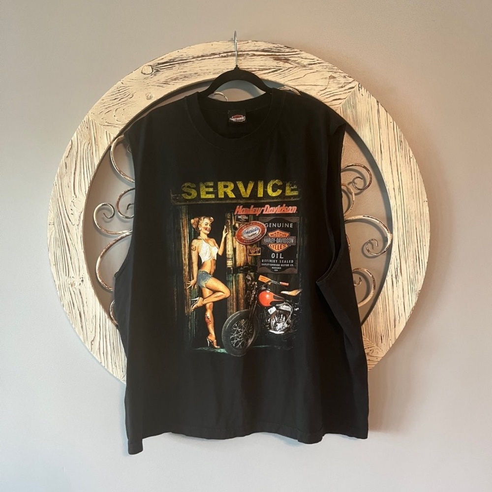 Vintage Harley Davidson Pin Up Girl Tune Up Service Cut Off T-Shirt Tank